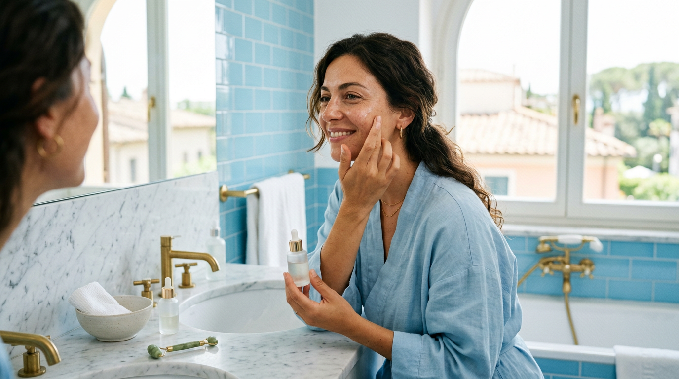 Donna in Italia durante routine skincare al mattino